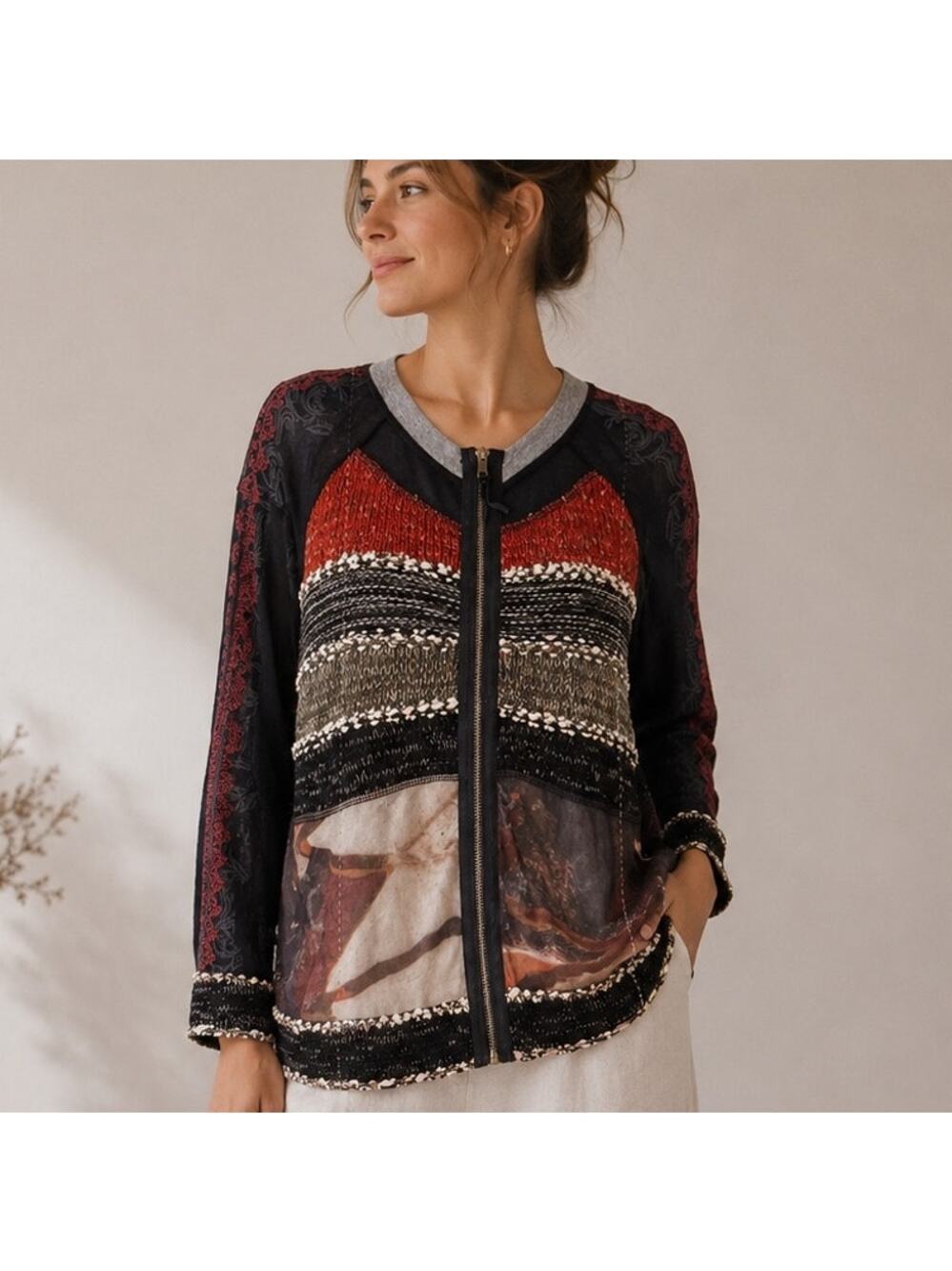 Tricotto Multi Color Mixed Media Boho Zip Top/ Sweater XL